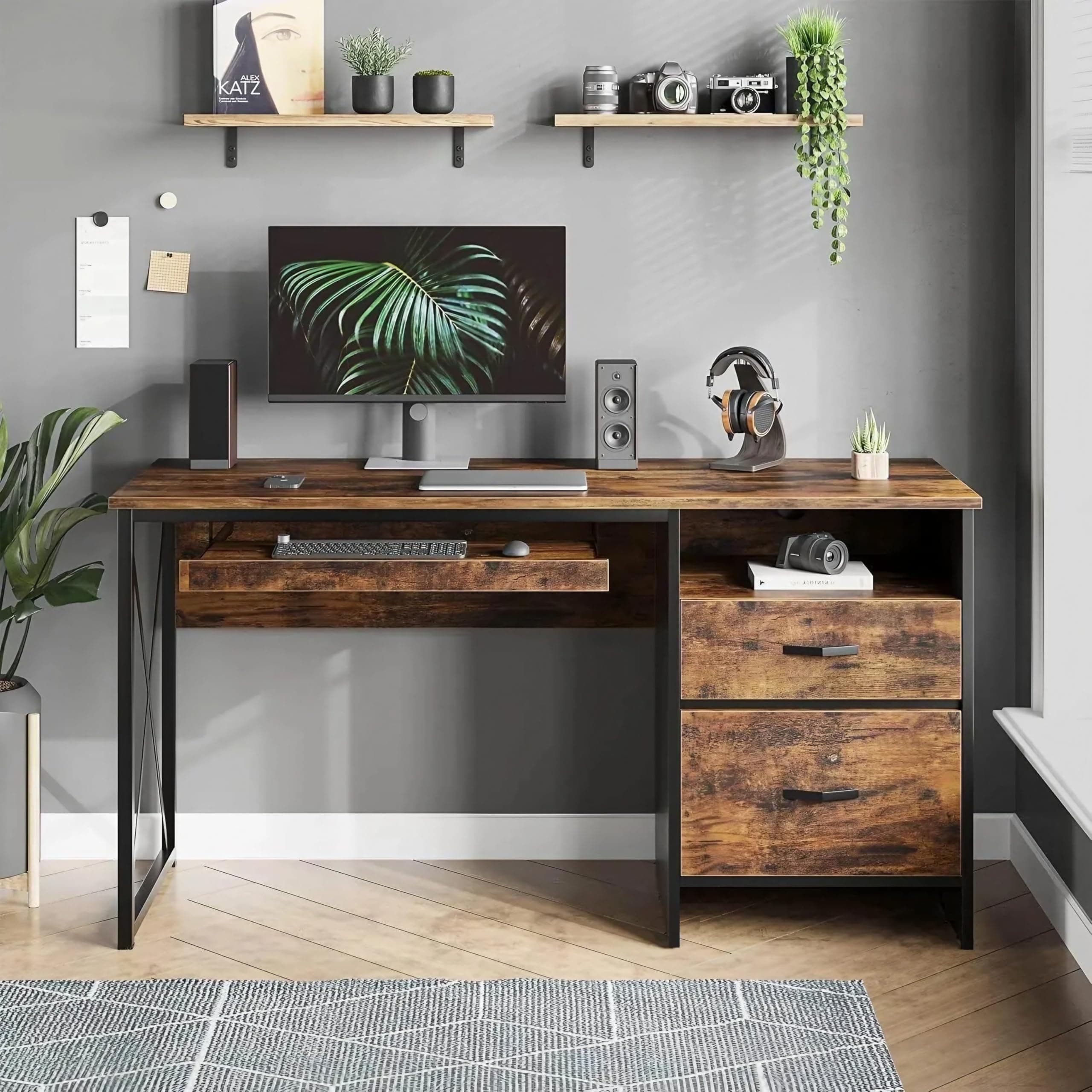TEKAVO Office Table with Drawer Storage + Keyboard Tray | Computer Table for Home Workstation pc | Modern Work Desk (Brown Wood, Metal | 140 x 55 CM) - DIY Assembly