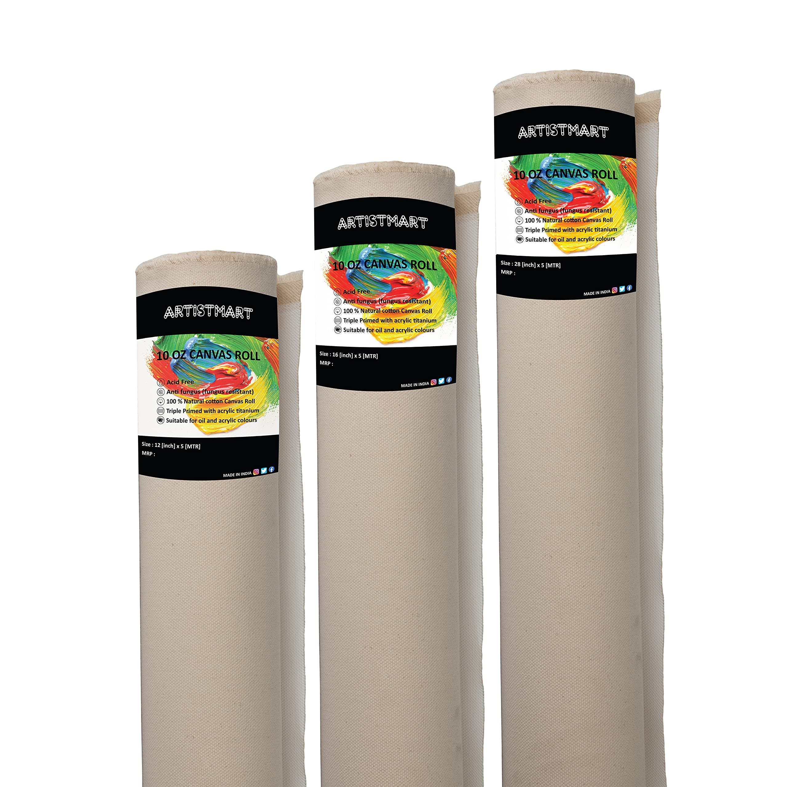 ARTISTMART Cotton Canvas Roll for Painting, Artist Series, White, Painting Drawing and Sketch Accessories Primed Painting Canvas Roll (10 Oz) (12X5MTR)