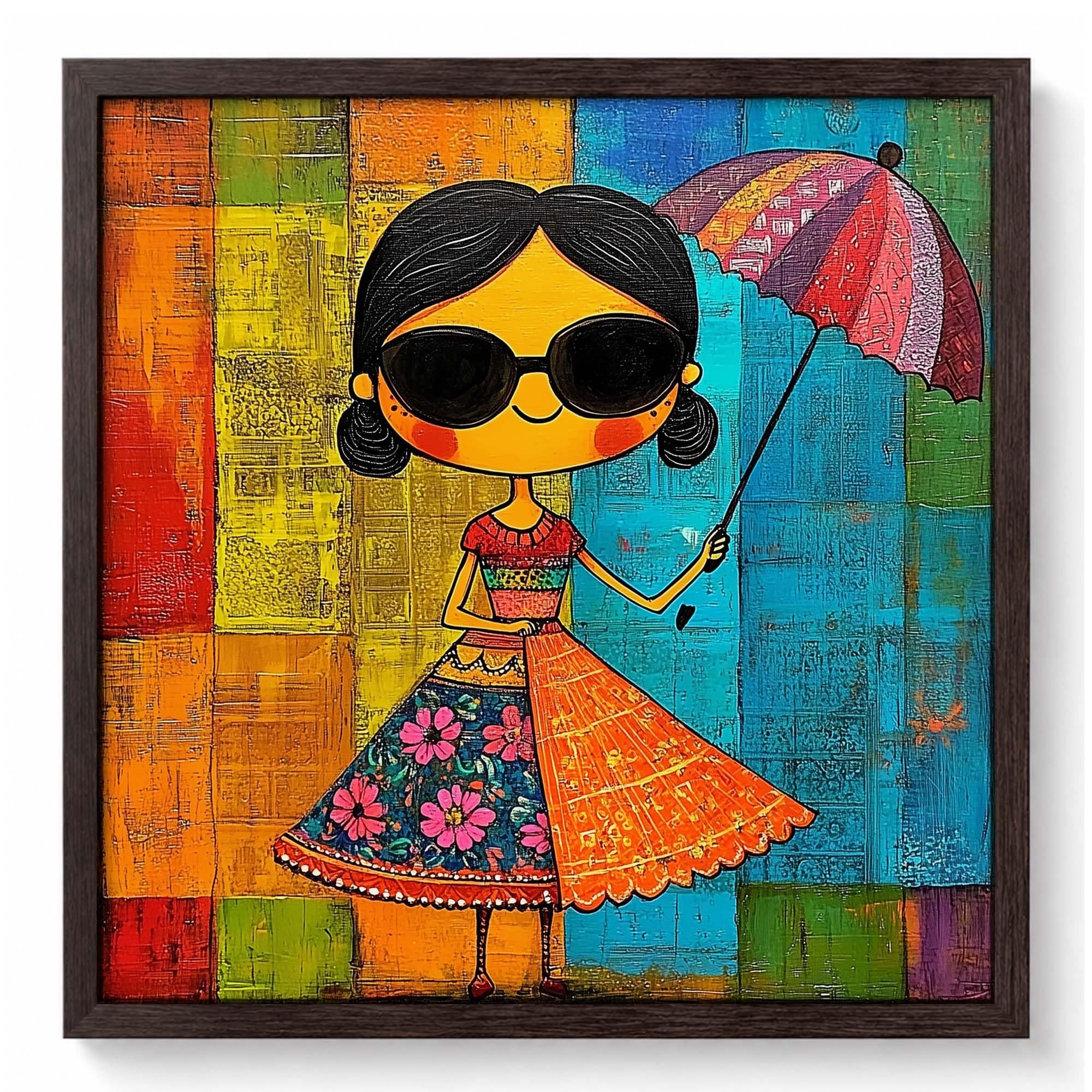 SUNNY UMBRELLA GIRL - PAPER PAJAMA - Colorful Folk Style Girl with Umbrella Patchwork Background Framed Wall Art Cute Cartoon Illustration - 10.5x10.5 Inches