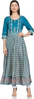 W for Woman Women's Fit and Flare Teal Glitter Printed Dress with Embroidery Midi Regular Fit Solid Dress