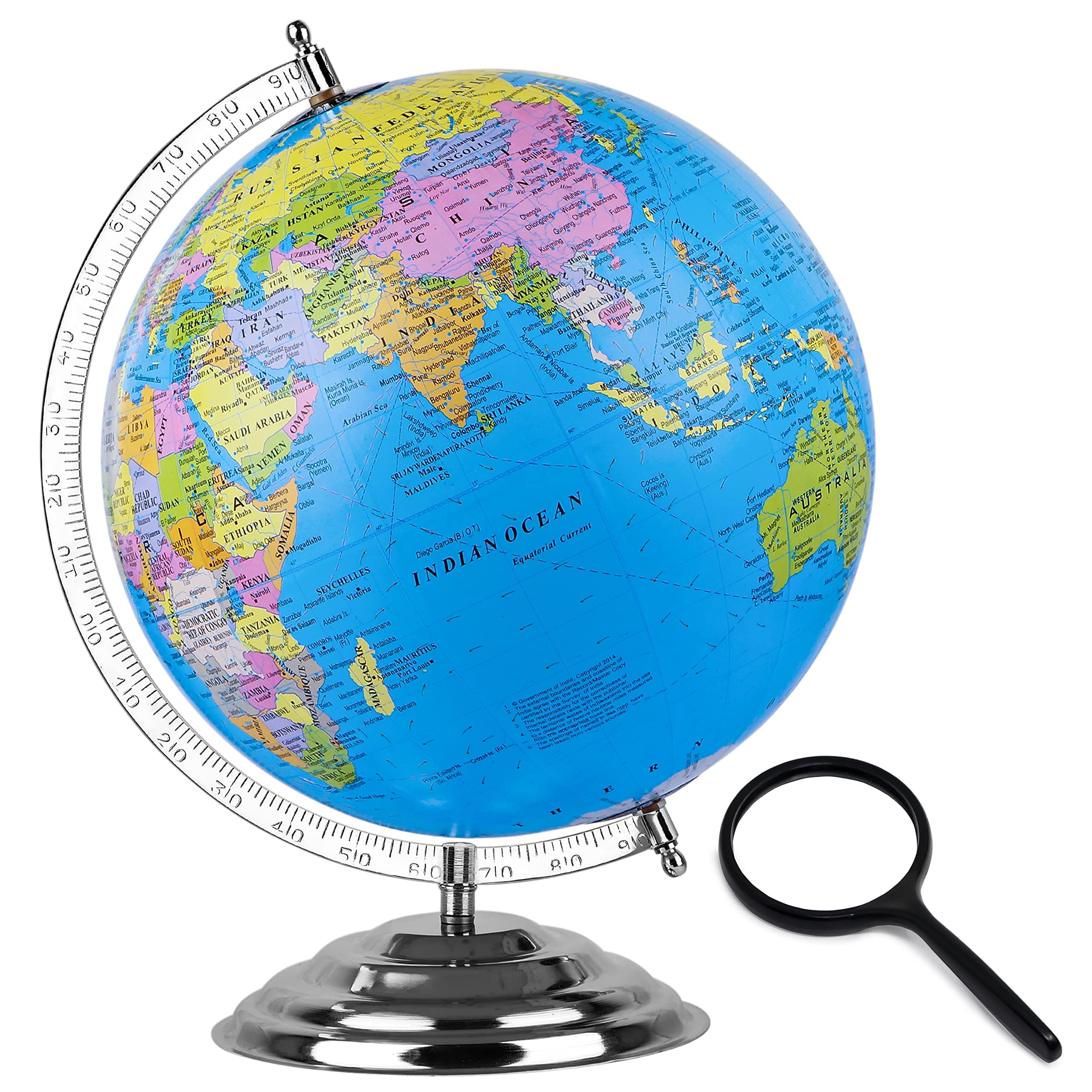 Zest 4 Toyz Educational Globe - 14 Inch Height Metal Base World Globe for Kids STEM STEAM Educational Globes with Magnifying Glass - Ball Diameter 10Inch, Height 14 Inches (Pack of 1)