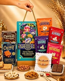 Hyperfoods® Rakhi Set for Brother and Bhabhi RawFruit Gifts From The Orchards Dry fruit 120 Grams(Cashews, Almonds, Pista, Raisins 30Gms Each) & 2 Brittle(100 Gm Each) with Rakhi Hamper For Brother with Roli & Rice