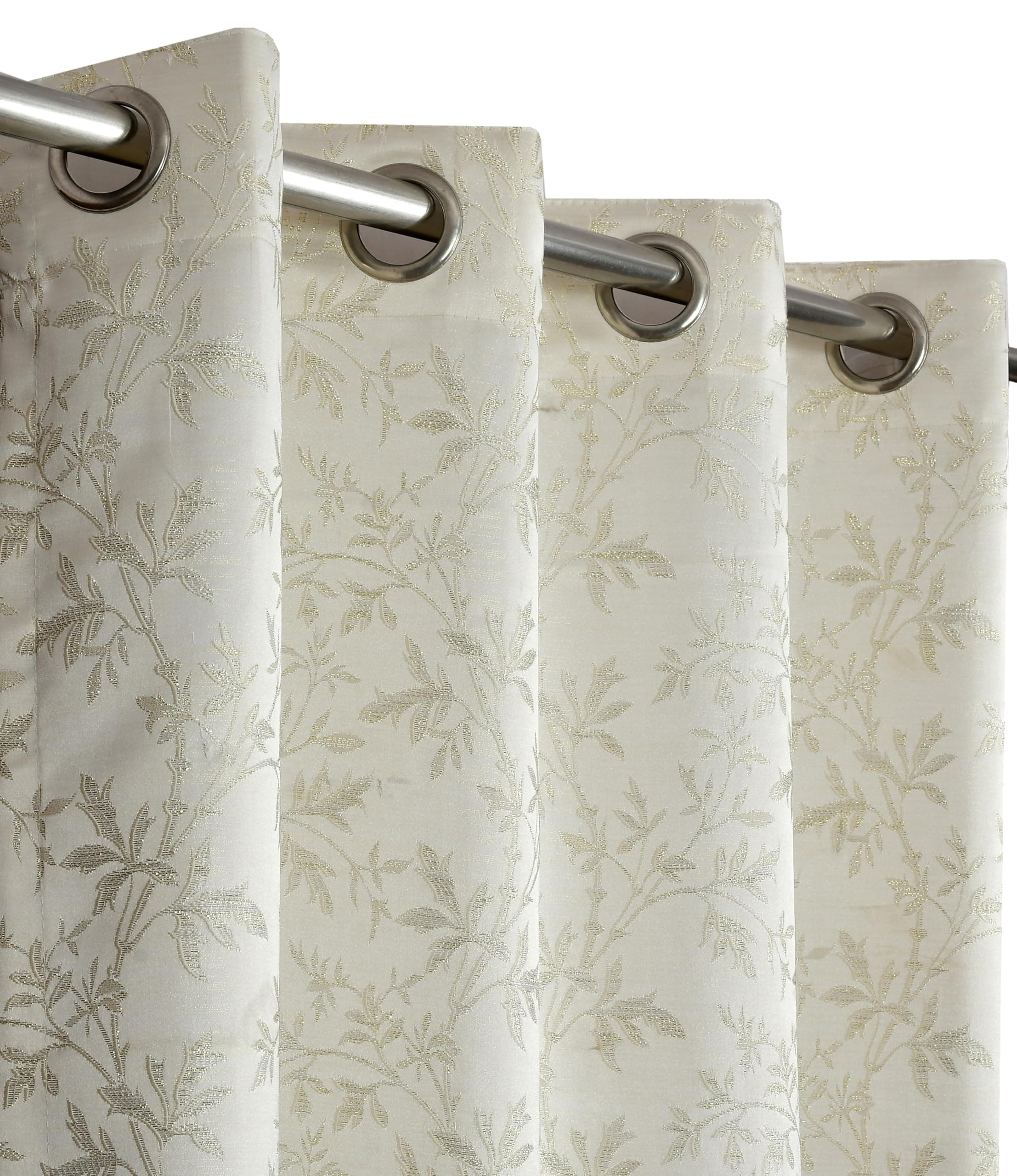 FRESH FROM LOOM Heavy Jari Jacquard Premium Luxury Floral Print Curtain 8 Feet Long Door & Window | Semi Blackout | Anti-Fade | Eyelet Style | Light Blocking 80% Darkening Parda (8ft, Cream, 2pc)
