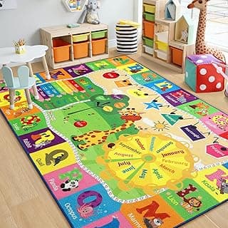 Chicrug Educational 4x6 Kids Area Rug for Playroom, TPR Non Slip Kids Classroom Carpet Rug for Learning ABC Animal, Shape Color Fruit, Washable Play Mat Rug for Children Nursery Toddler Room Decor