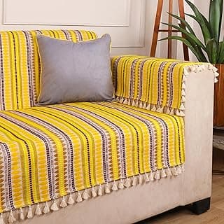 STITCHNEST Woven 3 Seater Sofa Protector with 2 Hand Rest Covers – Yellow & White Stripe Design – Washable Fabric with Tassels – Stylish Sofa Cover for Modern Living Room & Furniture Décor