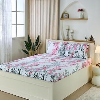 Amazon Brand - Solimo King Size Flat Bedsheet with 2 Pillow Cases | 180 TC | 100% Cotton | Washing Machine Washable | 90 x 108 Inches | Floral Design (Pink)