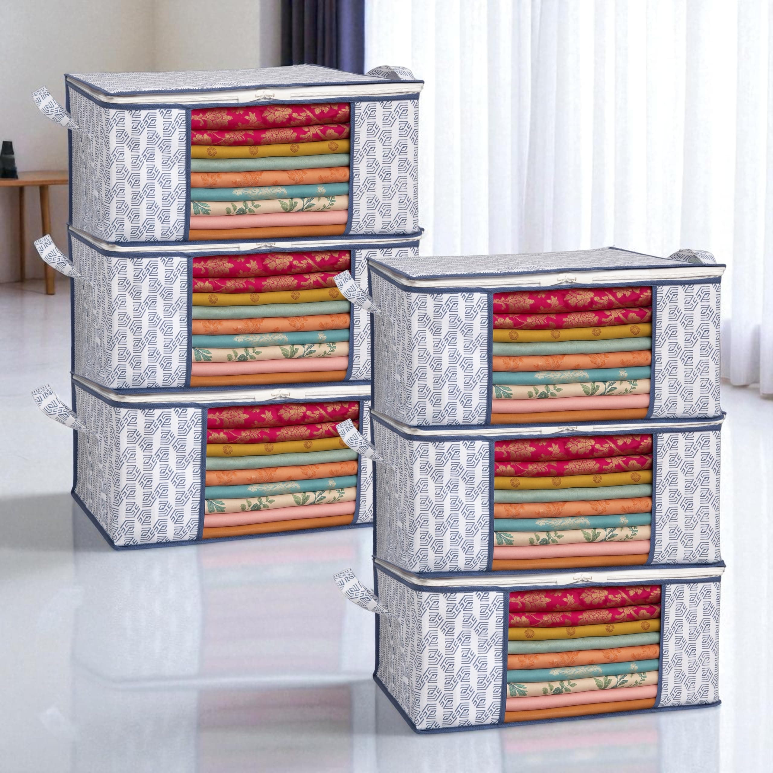 Homestrap Set of 6 Heavy-Duty Clothes Storage Bag – 30L Capacity | Moistureproof & Dustproof Saree Cover Bags | Ideal Wardrobe Organizer for Sarees, Suits, Shirts, Kurtis & More – White