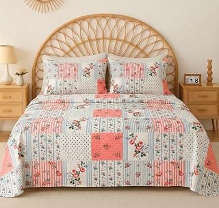 BSB HOME Luxury Cloud Cotton Double Bedsheet | Soft & Breathable 210 TC Bedding with 2 Pillow Covers | Elegant Floral Design | Premium Comfort for Home | 90 x 100 Inches (Pastel Heritage Patchwork)