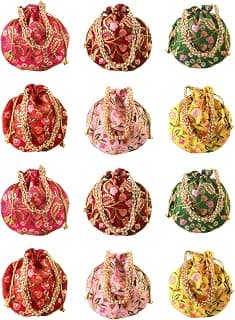 Rajasthani Style Royal Clutch Silk Batwa Bag Wristlets Embroidered Potli Bag With Floral Design, Pearl Handle, Traditional Drawstring Purse