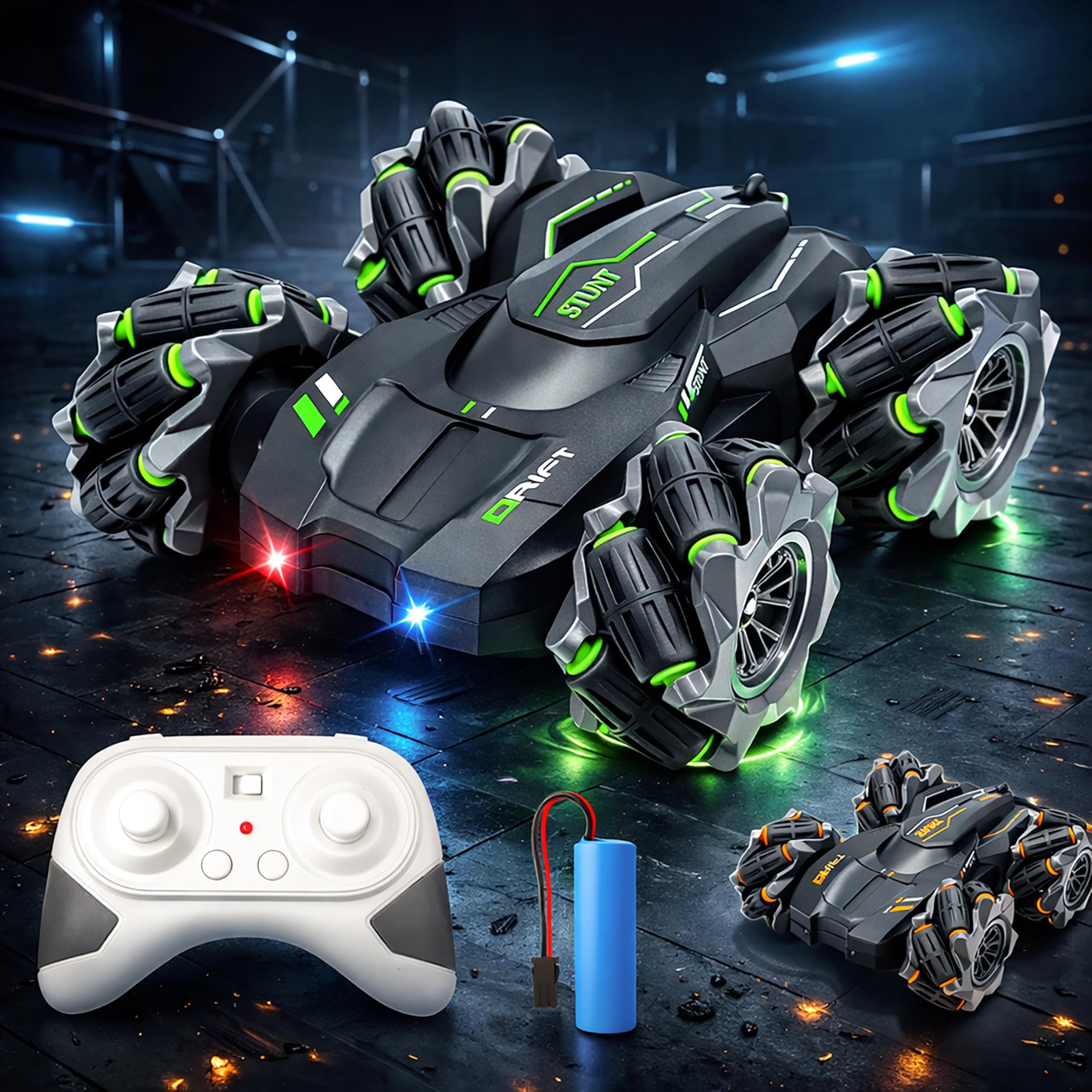 VGRASSP 2.4GHz 4WD Remote Control Drift Stunt Car Toy for Kids with Lights and Music - Double Sided 360° Rotating Dancing and Crawling RC Car with Rechargeable Battery - Color As Per Stock
