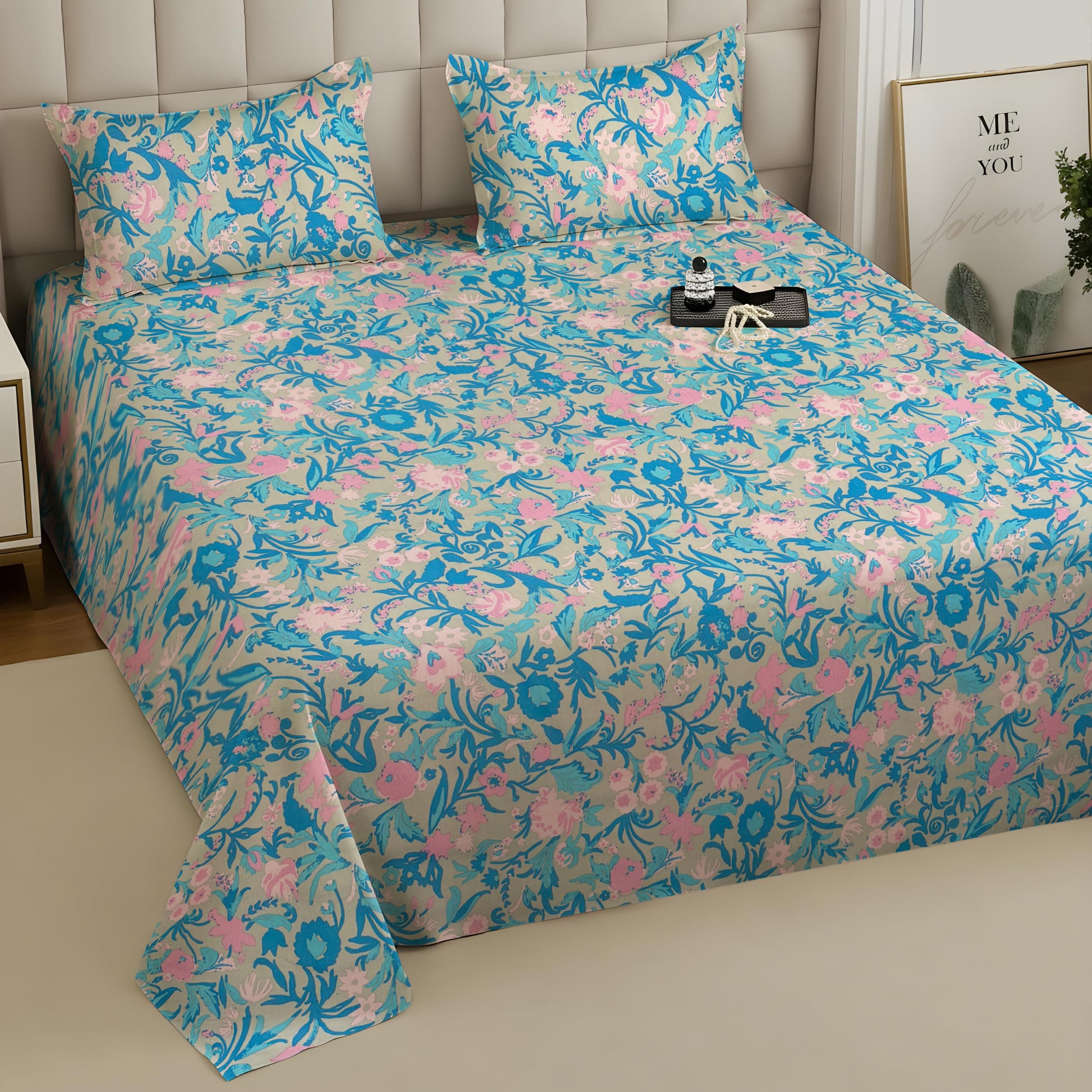 Weave & Decor® Super Soft Comfortable 144 TC 90x90 inches Printed Cotton Double Bed Bedsheet with Two Pillow Covers