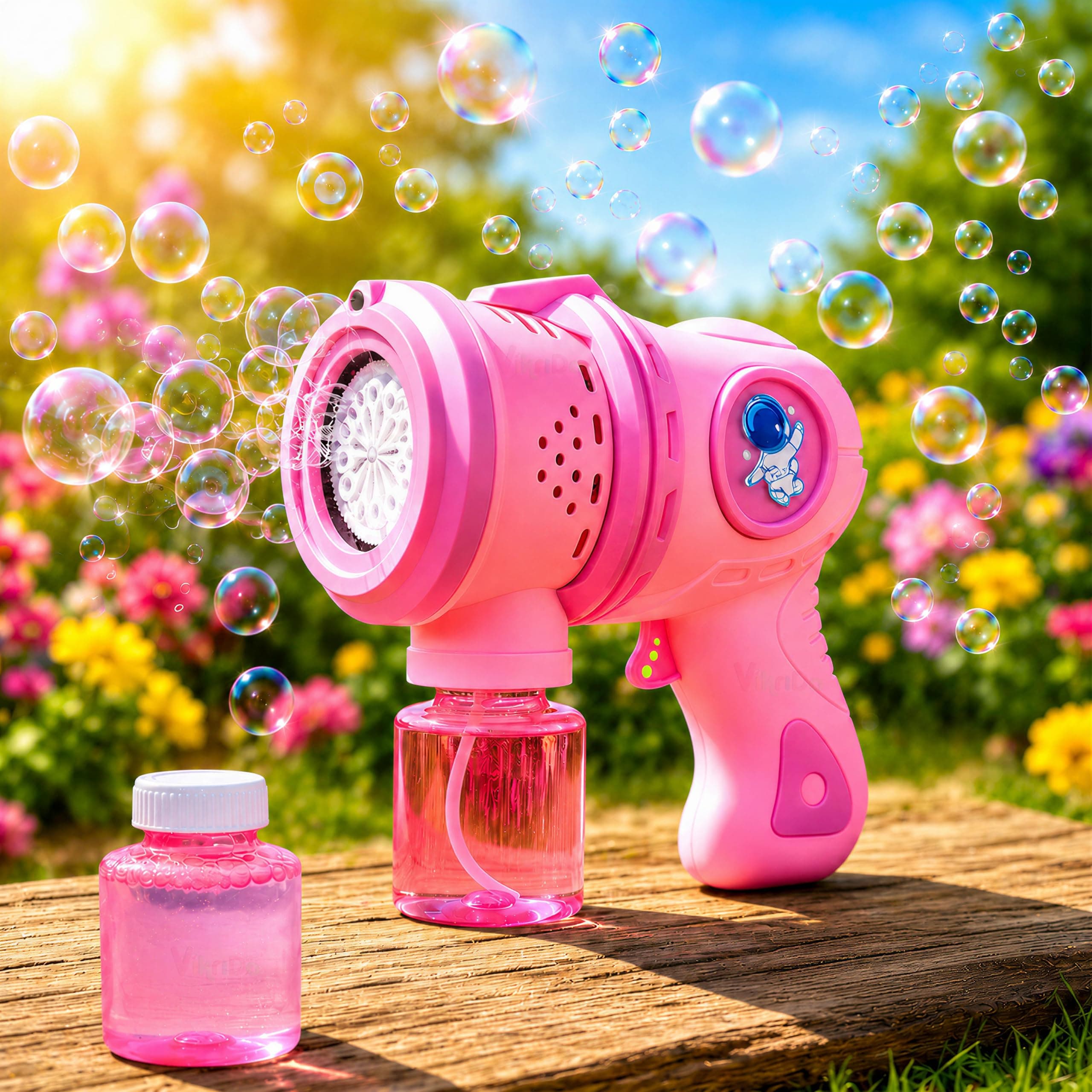 VikriDA Automatic Bubble Blower with LED Lights – 5000+ Bubbles/Min – Includes Charging Cable, 2 Bubble Solution Bottles – Pink