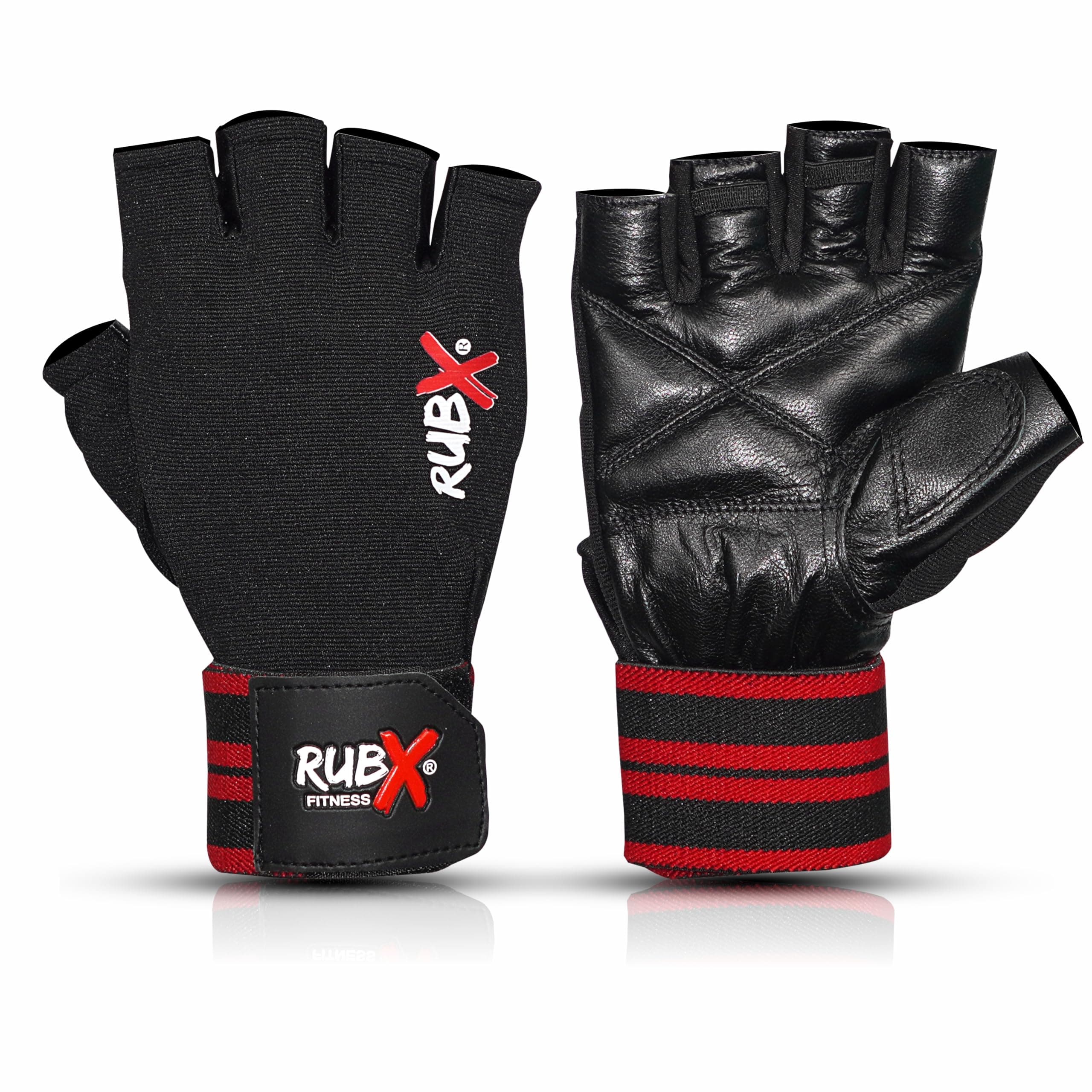 RUBX Leather Gym Gloves for Men & Women with Wrist Support – Half Finger Workout Gloves for Weightlifting, Training, Fitness, Hand Protection & Grip Strength Gym Accessories (Red & Black Size-L)
