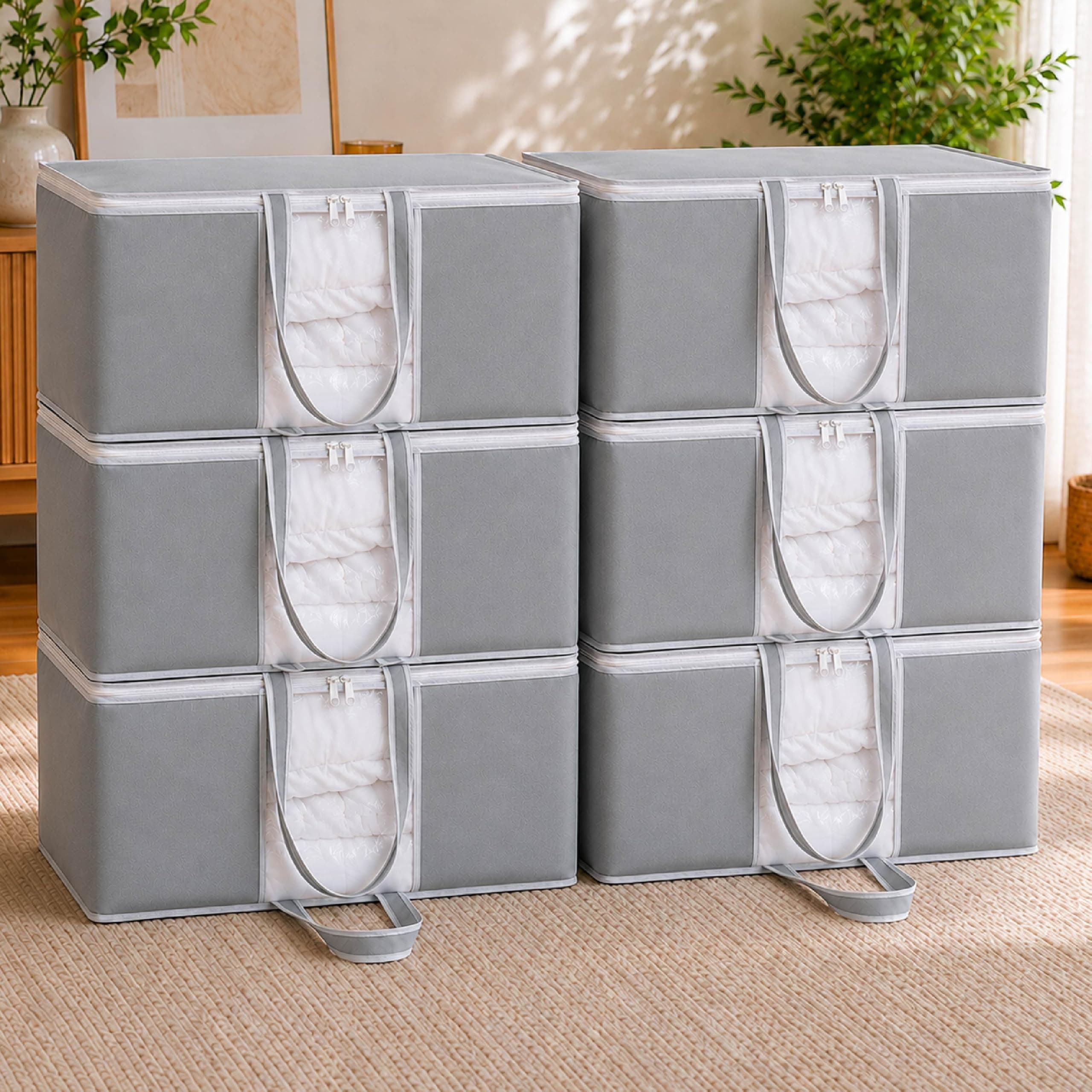 HomeStrap Set of 6 Non Woven Underbed Storage Organizer/Blanket Cover Bag with Transparent Window and Front Handle for Quilt, Clothes (Grey)