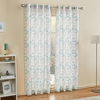 Amazon Brand - Solimo Polyester 75% Blackout Leaf Print Door Curtains|Blackout Door Curtains|7 Feet|Set of 2|Leaf Print Design |for Living Room Kids Room and Bedroom |White& Blue|Light-Filtering