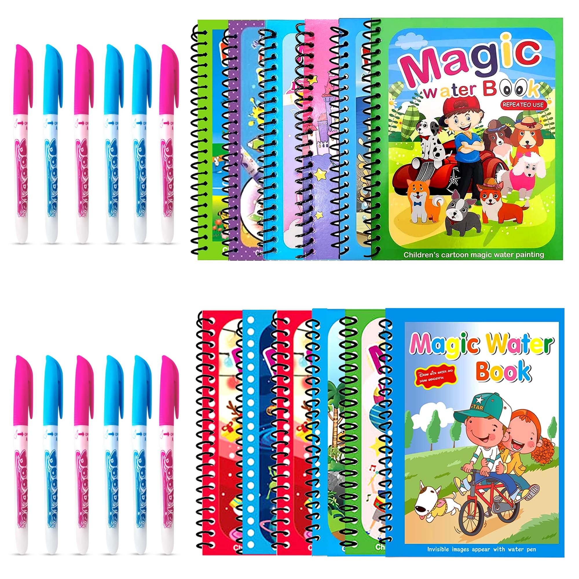 GLUN® (Pack of 12) Reusable Magic Water Drawing Book with Magic Doodle Pen - Fun Learning Toy for Boys and Girls, Quick Dry Doodle and Scribble Pad (Random Designs)