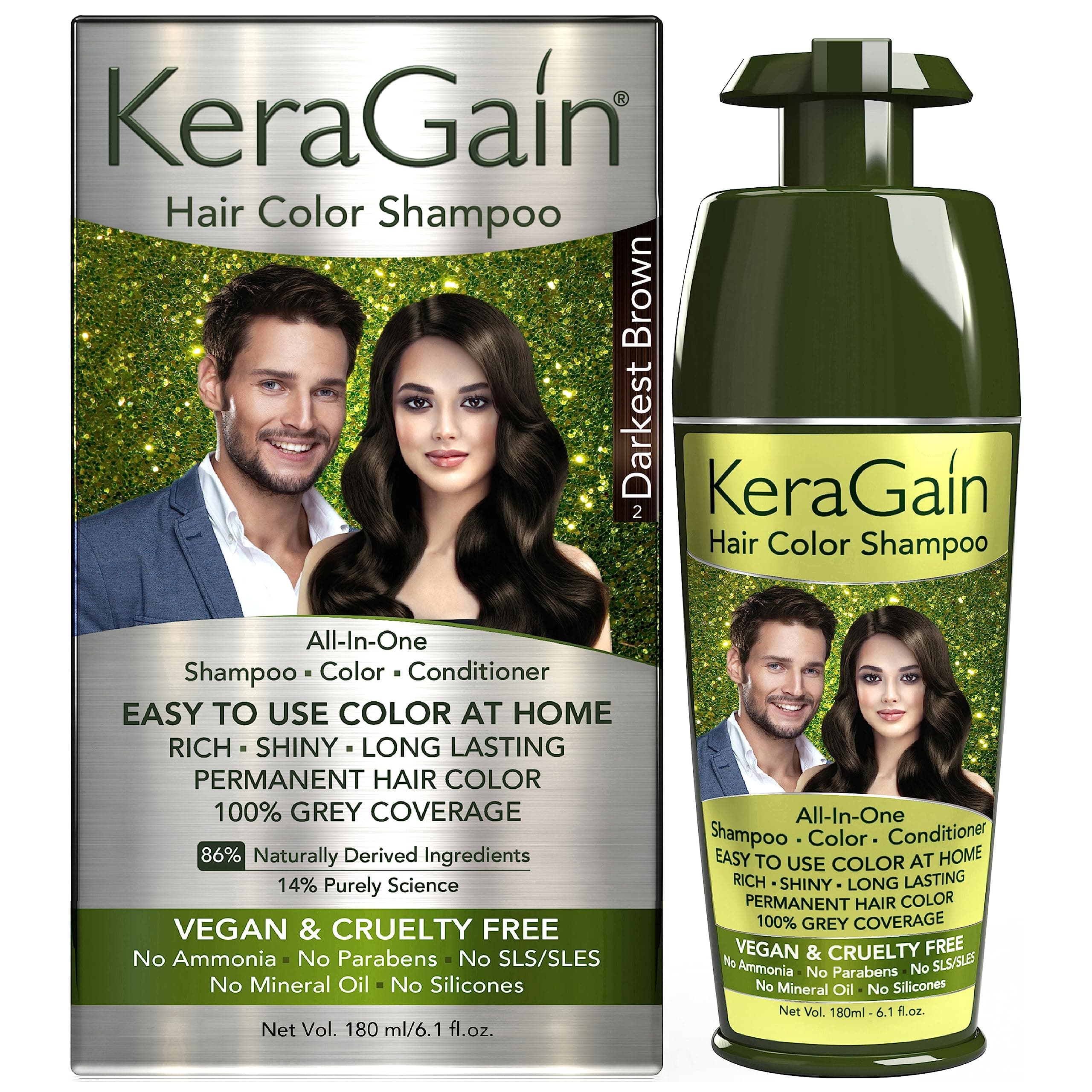 KeraGain Hair Colour Shampoo (Darkest Brown,180Ml) - PPD & Ammonia Free Color For Women &Men|Permanent Hair Dye Shampoo with 100% Grey Coverage Up To 8 Weeks|Argan Oil,Onion Oil&Vegan Keratin