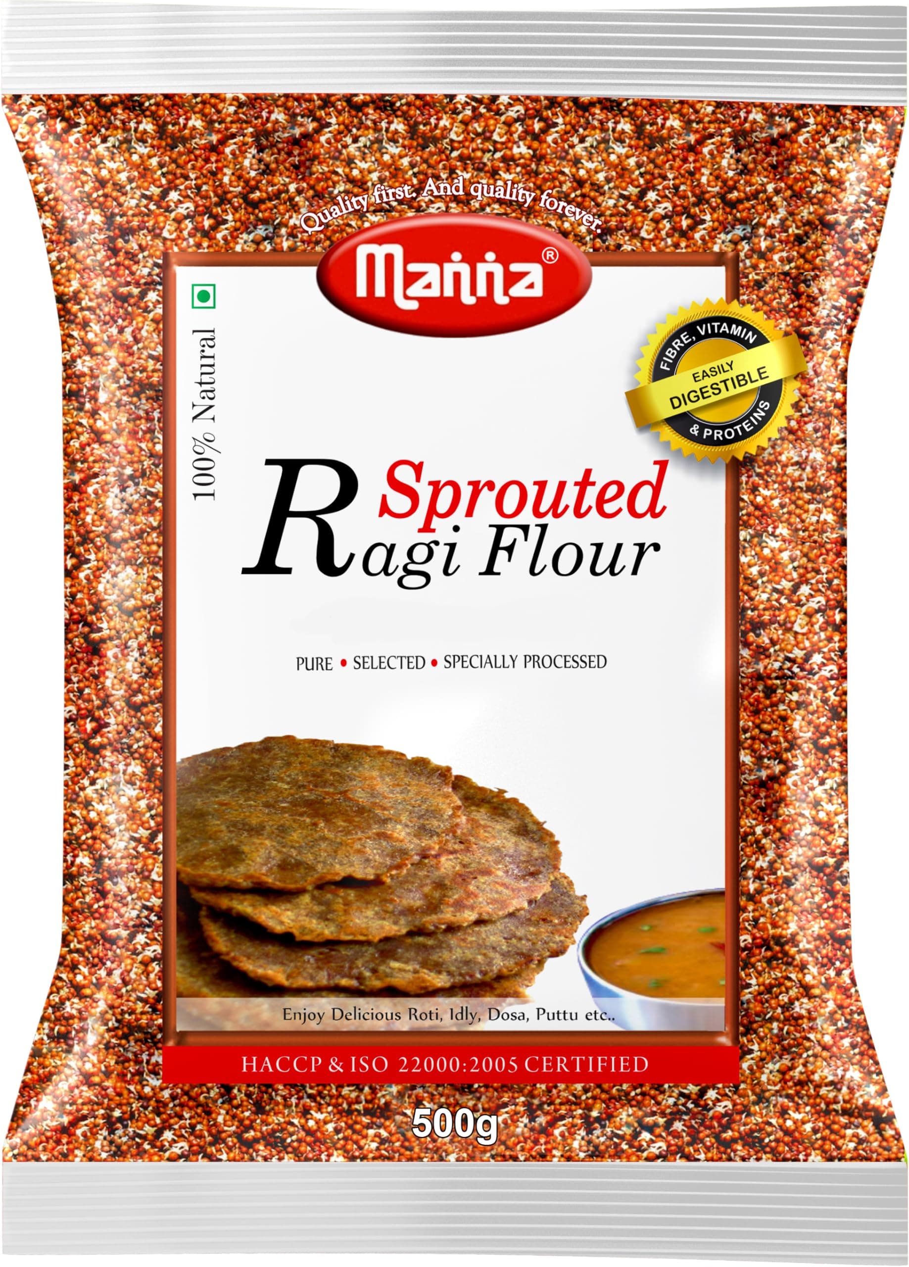 Manna Sprouted Ragi Flour, 1Kg | Natural Sprouted Finger Millet Flour | Nachni Atta | Kelvaragu Flour | Rich in Calcium & Protein 500g (Pack of 2)