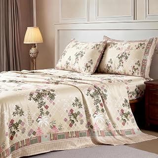 ishro home Premium Bedsheet for Double Bed with 2 Pillow Covers – Cloud Cotton Bedsheet, Soft, Silky Smooth & Wrinkle Resistant, Luxury Printed Design (Flat Double Bed Size, Lisbon Garden)