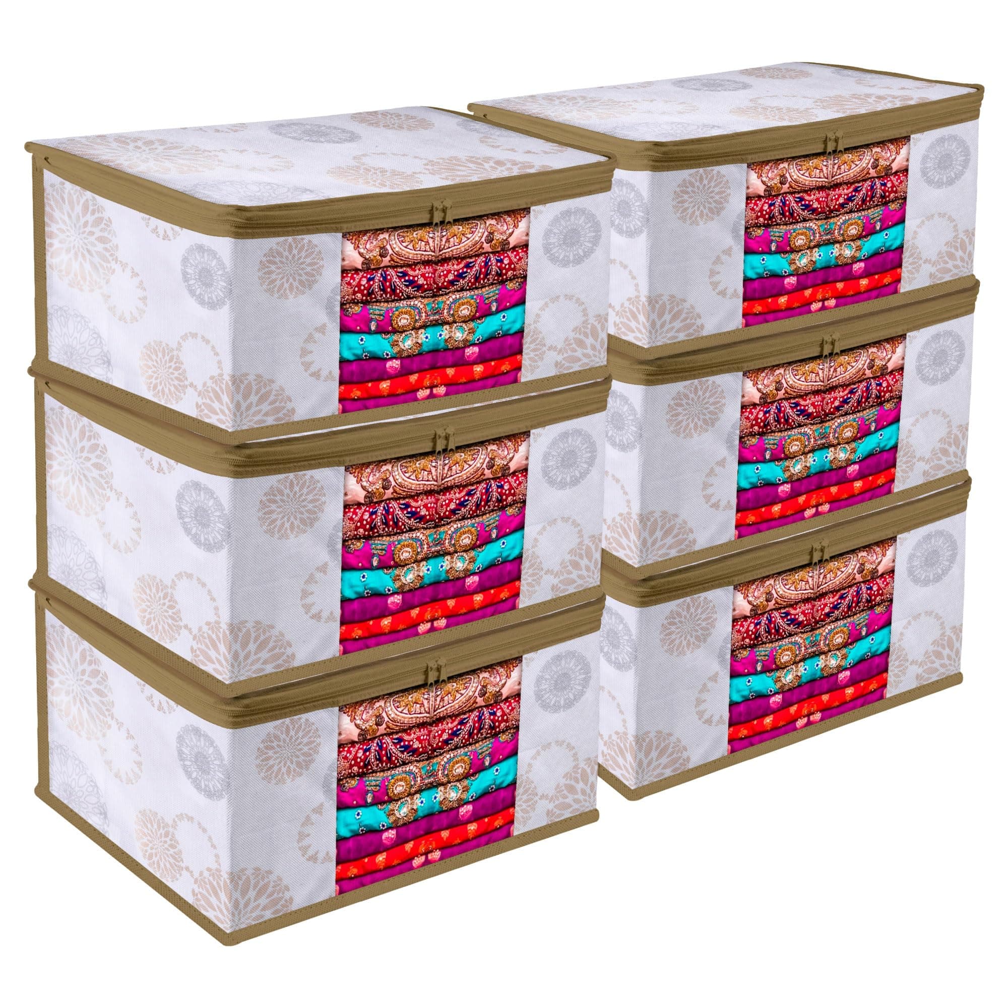 Kuber Industries Non-Woven Saree Storage Bag for Wardrobe with Visible Window |Cloth Storage Organizer | Gola-Design | 9 Inch | Pack Of 6 | White