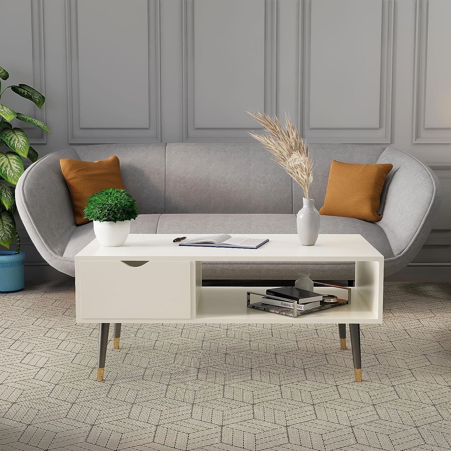Bniture Wooden Coffee Table, with 1 Drawer, Centre Table with Solid Finish, Dual Color Engineered Wood | Ideal for Home, Hotel, Lounge Decor with Metal Legs (Frosty White)