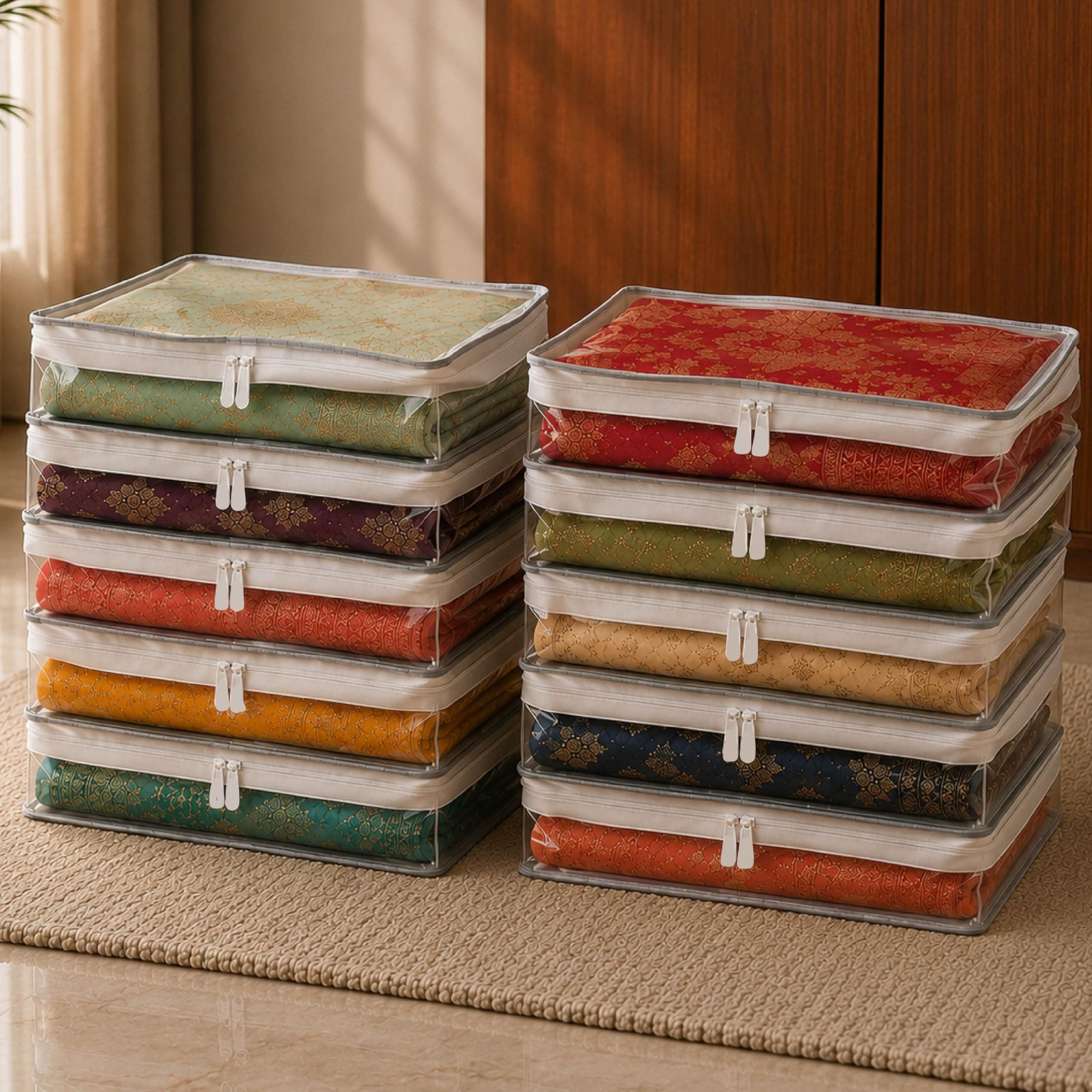 Homestrap 3-Inch Saree Covers Pack of 10 | Dust-Proof Non-Woven Saree Storage Bags with Transparent Window | Wardrobe Organizer for Heavy Sarees, Anarkali Suits & Ethnic Clothes Storage | Grey
