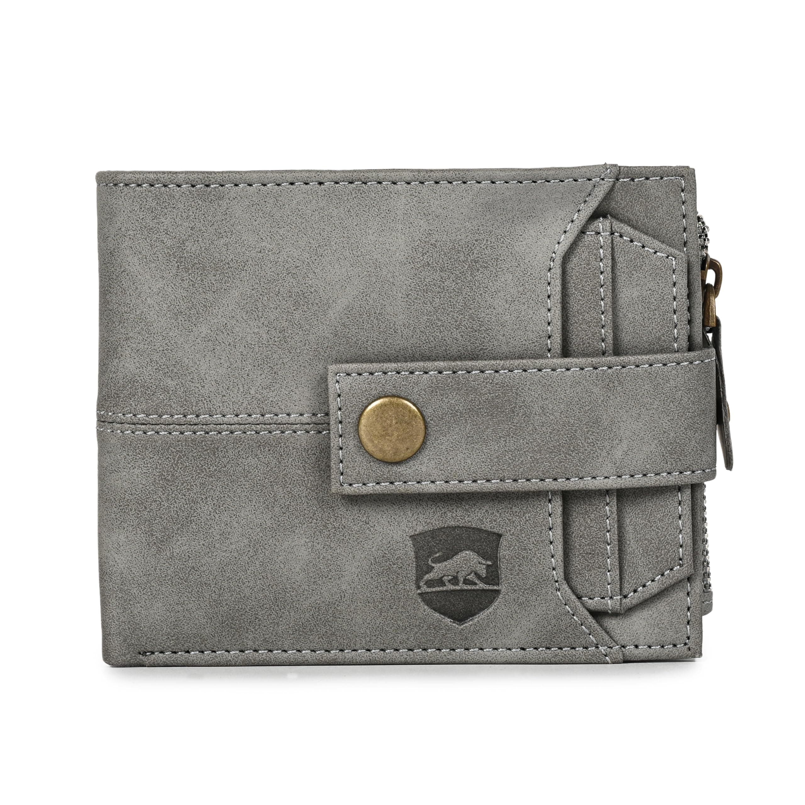 SAMTROH Button Closer Vegan Leather Wallet for Men I 4 Card Slots I 2 Currency & 2 Secret Compartments I 1 Zipper Coin Pocket. (Grey)