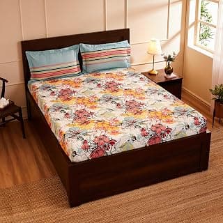 Amazon Brand - Solimo Floral Splash 144 TC 100% Cotton Double Bedsheet with 2 Pillow Covers, Peach, 144 TC