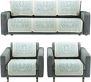 Kuber Industries Cotton (Set of 10) Decorative Sofa Cover 5 Seater for Living Room | Durable Sofa Cover Protector for Home, Living Room & Office | Floral Design - Aqua & White