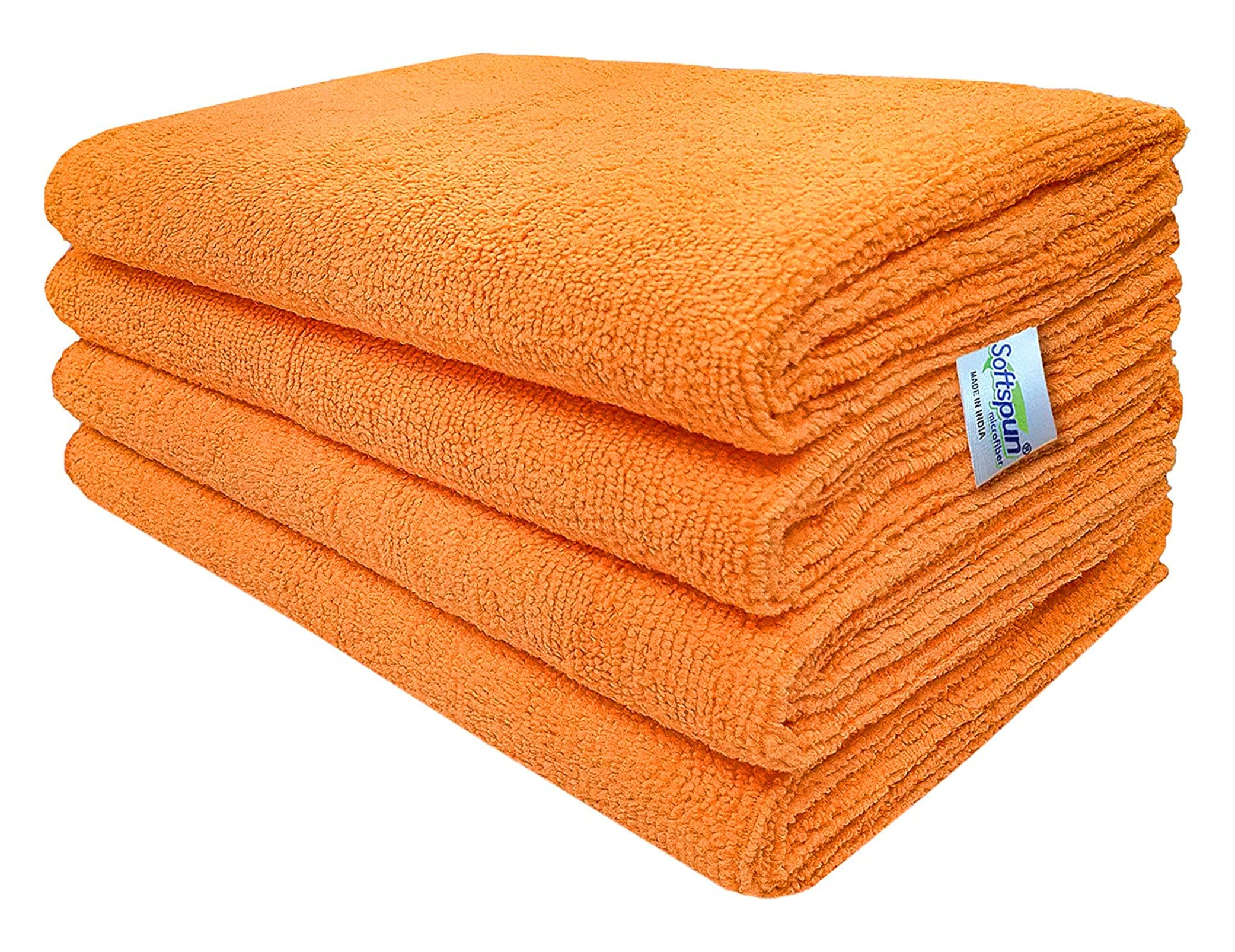 SOFTSPUN Microfiber Cleaning Cloths, 4pcs 40x60cms 340 GSM Orange! Highly Absorbent, Lint and Streak Free, Large Multi -Purpose Wash Cloth for Kitchen, Car, Window, Stainless Steel, Silverware.