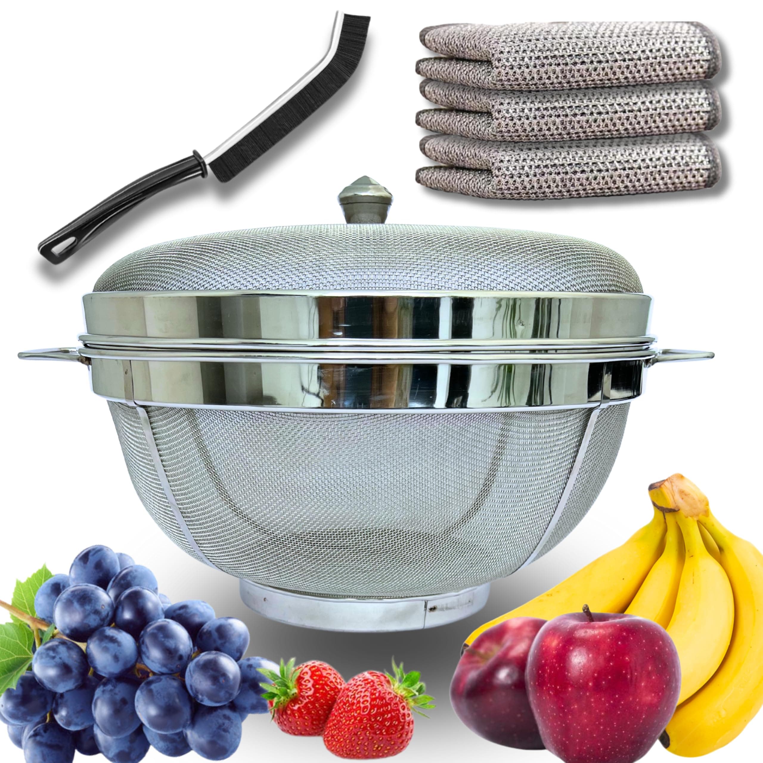 Febzona Fruit basket with lid net cover stainless steel fruit vegitable storage basket for dining table kitchen home (Medium)