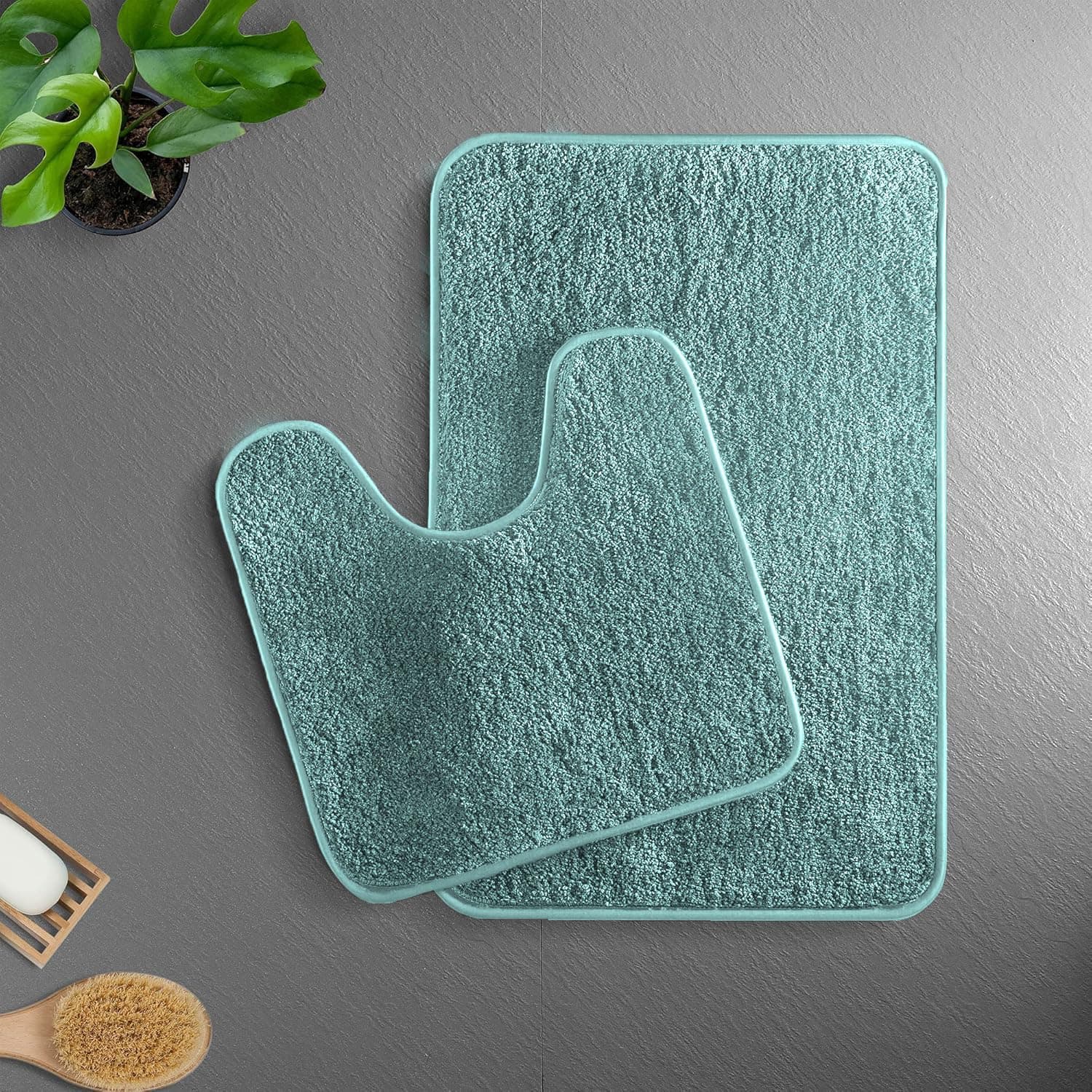 LUXE HOME INTERNATIONAL Polyester Newman Contour Bath Mat – Washable, Anti Skid, Water Absorbent Contour Mats for Bathroom, Toilet, Wash Basin & Bathroom Contour Mat Set of 2 (Aqua 45x75 cm & 40x45)