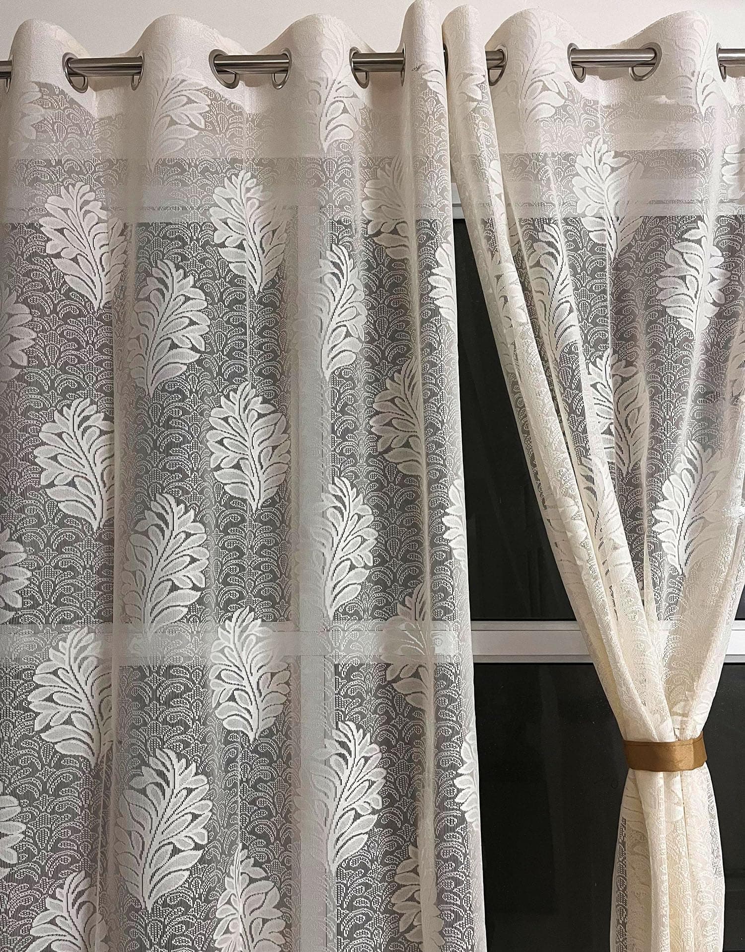 Fabrilia Sheer Net Semi Transparent Grommet Curtains for Long Door 9 Feet Set of 2, Cream