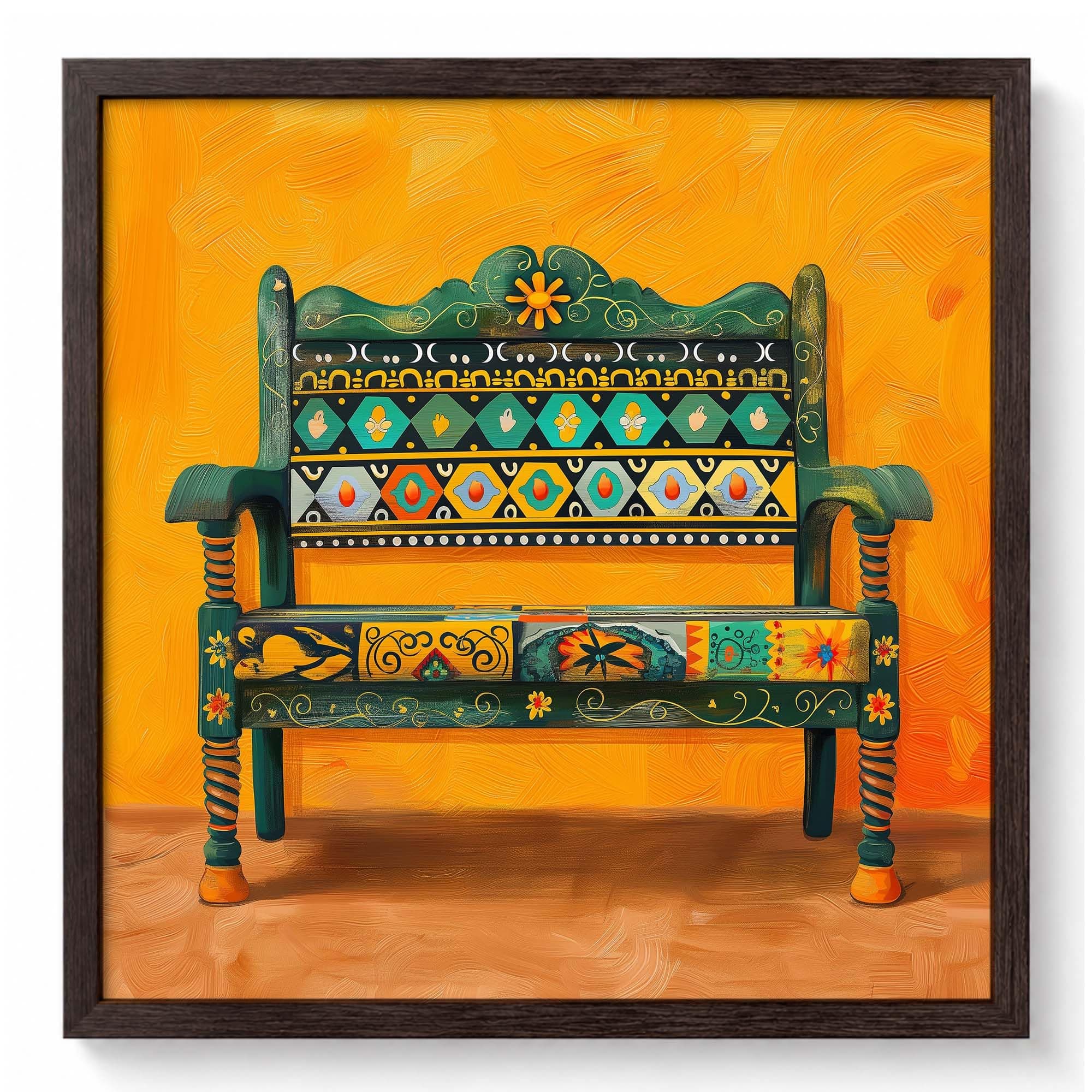 PAPER PAJAMA Vintage Folk Bench Painting for Living Room | Rustic Indian Furniture Art | Vibrant Yellow Background Framed Wall Decor (10.5x10.5 Inches)