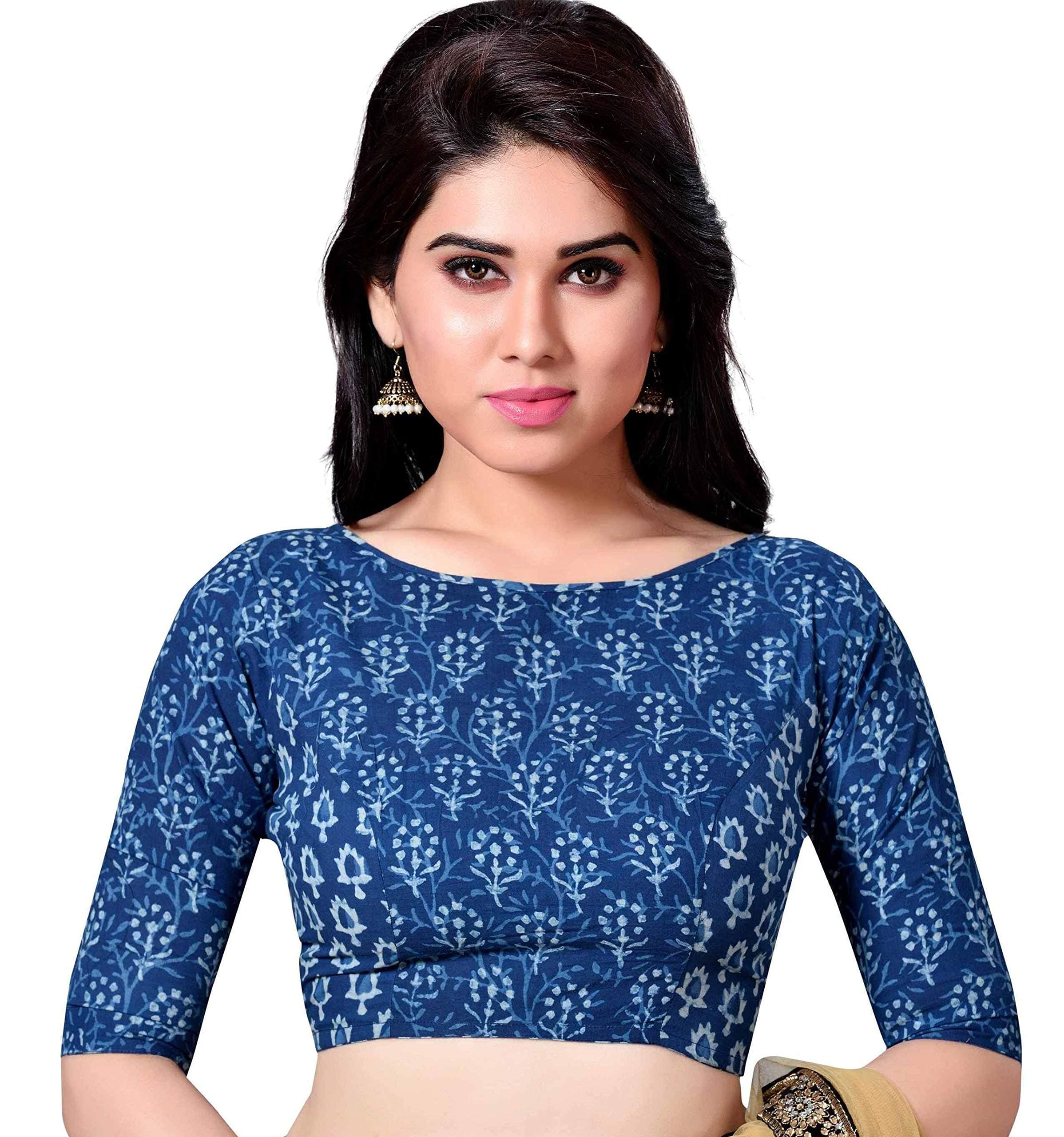 Studio Shringaar Women's Cotton Jaipuri Elbow Length Sleeve Saree Blouse
