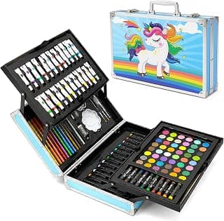 VGRASSP Unicorn Theme 100+ Pcs Drawing and Painting Kit Toy for Kids, Boys, Girls - Portable School Stationery Set with Color Sticks, Watercolors, Color Pencils, Sketch Pens - Blue