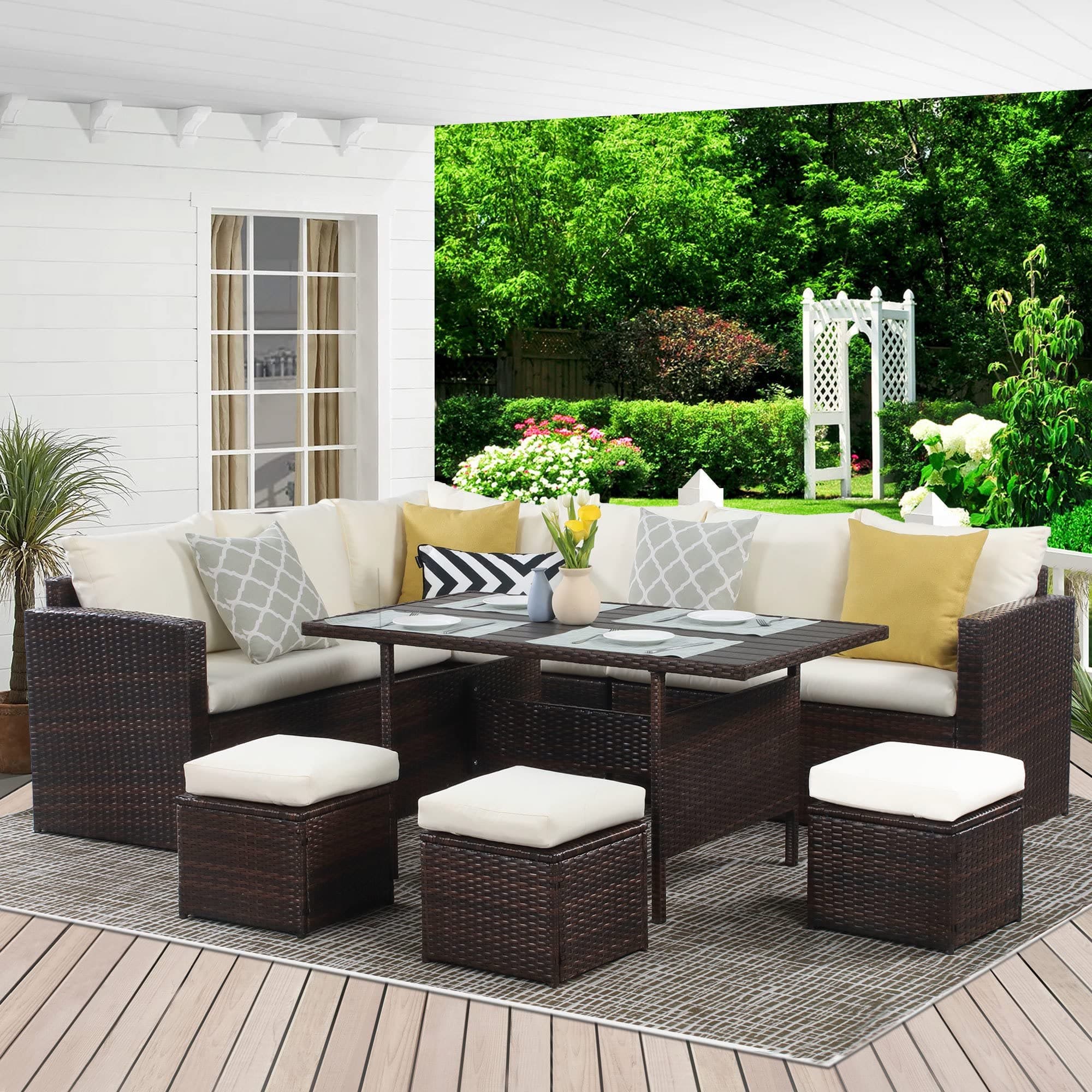 DEVOKO 6 PCS L-Shape Patio Rattan Dining Set with Cushioned Chairs, Ottomans & Wood Dinning Table Top for Porch, Lawn, Garden, Backyard (Dark Brown & Off-White)