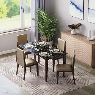 DecorNation Italiana Solid Wood 4 Seater Dining Room Set for Home, Living Room- Black Dining Table with Four Cushioned Chairs