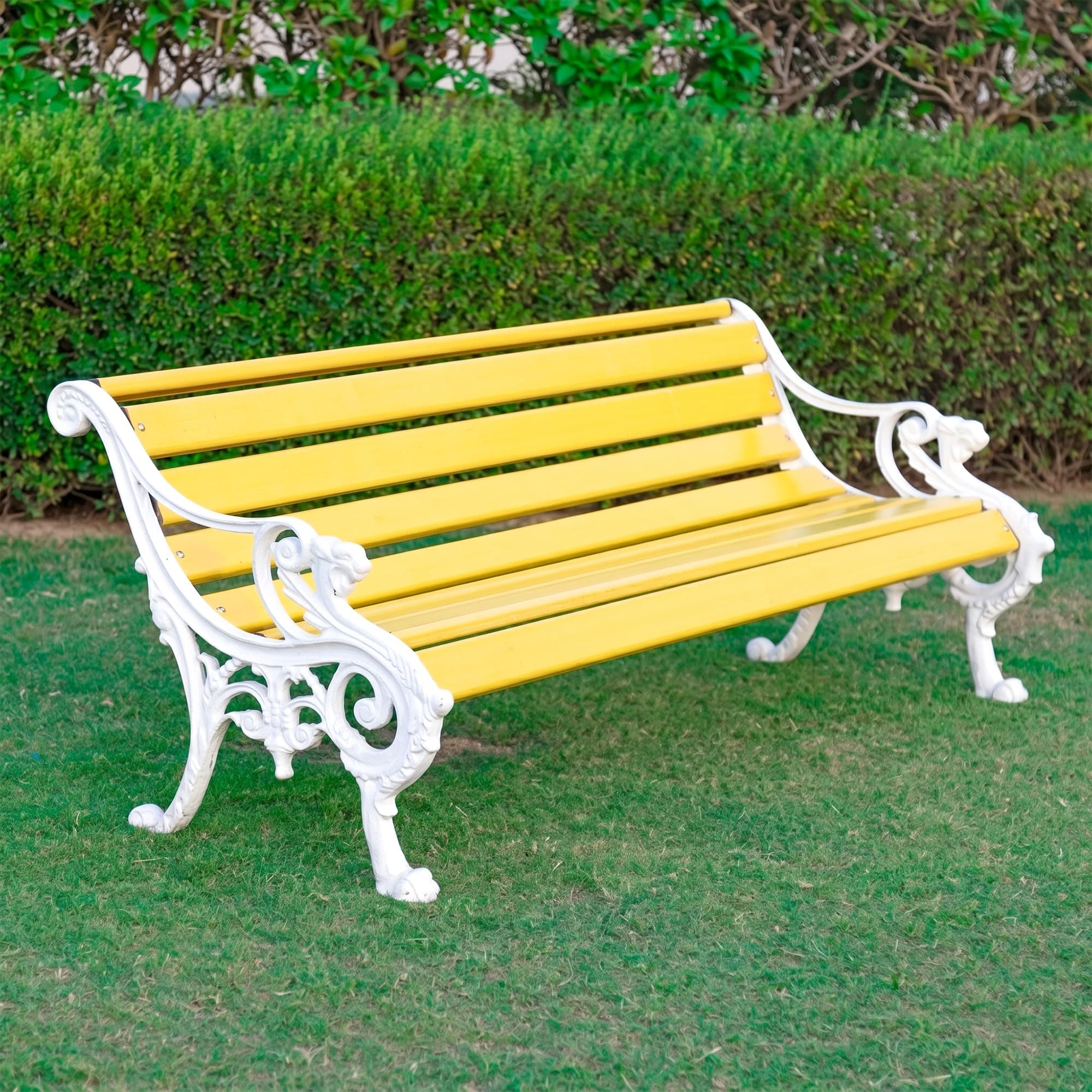 OUTLIVING 3 Seater Cast Iron FRP Garden Bench for Indoor & Outdoor Park/Patio/Living Room/Terrace/Balcony (Yellow + White)