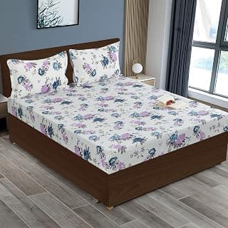Swayam Pure Cotton King Bedsheet with 2 Pillow Covers | Size 108 x 108 inch | 210 TC | Floral Design | Soft Breathable Bed Sheet | Comfortable & Durable for Bedroom - Cream & Blue