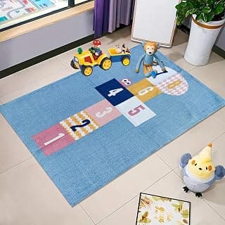 Budhrajrugs Handmade Printed Hopscotch Kids Play Dhurrie Rug 3x4.5 Feet - Blue & Yellow, Washable, Durable, Ideal for Children's Playroom or Bedroom