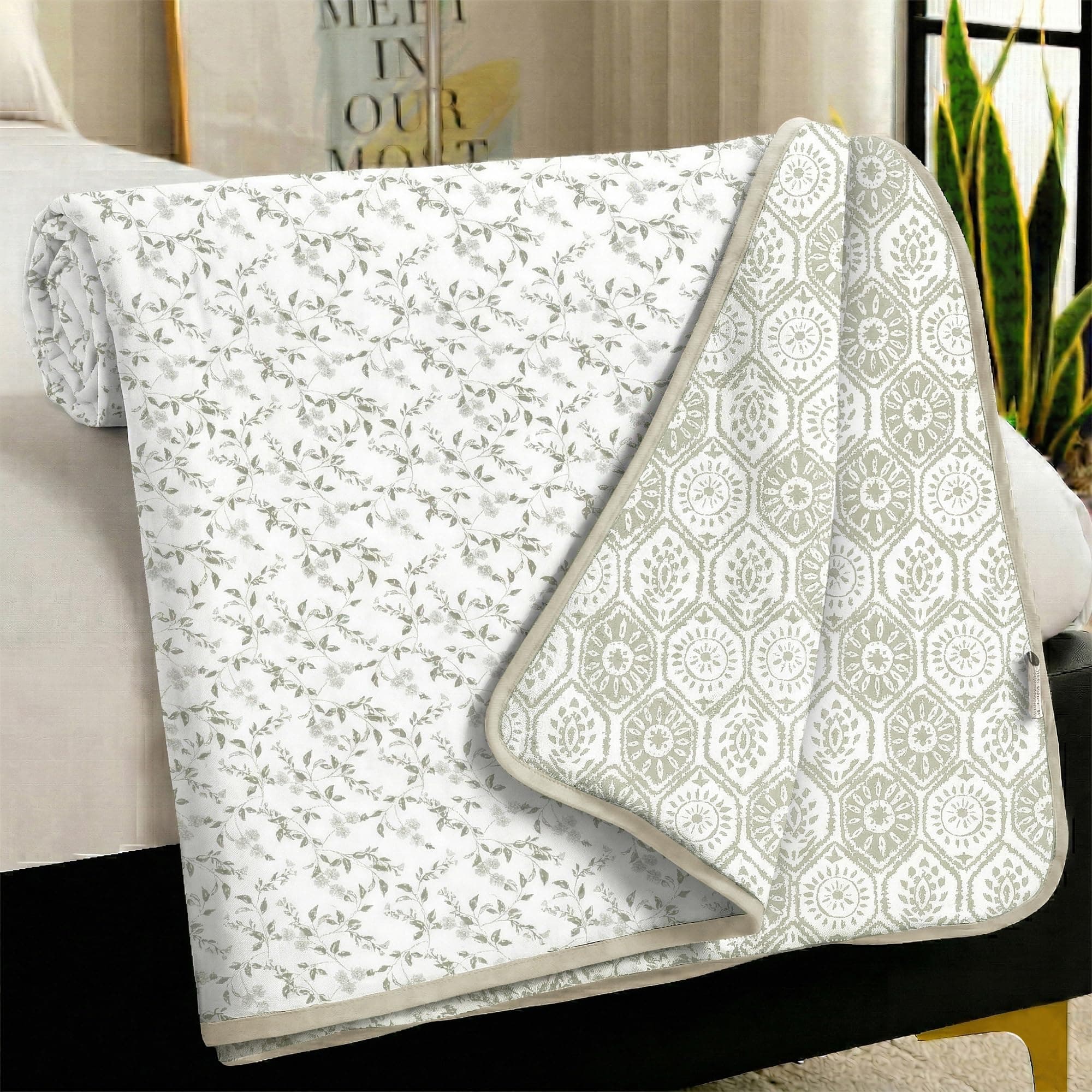 Story@Home AC Comforter Single Bed Cotton 100% | 150GSM 144 X 220 CM Quilt AC Blanket for Summer | Dohar Single Bed | White & Ivory, Leaves & Abstract Reversible Design Duvet | All-Season Blanket