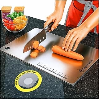 OrganizeMee Stainless Steel Chopping Board Large 36 x 25 cm, Non Slip Cutting Board for Kitchen with Silicone Anti-Skid Corner Protectors, Rust Proof Steel Prep Board for Vegetables, Fruits & Meat