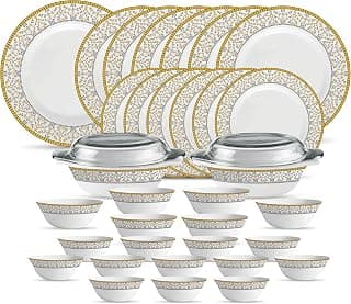 La Opala Diva Sovrana Collection Opal Glass Crockery | For Family of 6 | Dinner Set 35 pcs Moroccan Gold | Plates & Bowls for Dining | Microwave Safe | 100% Vegetarian | Extra Strong | Light & White