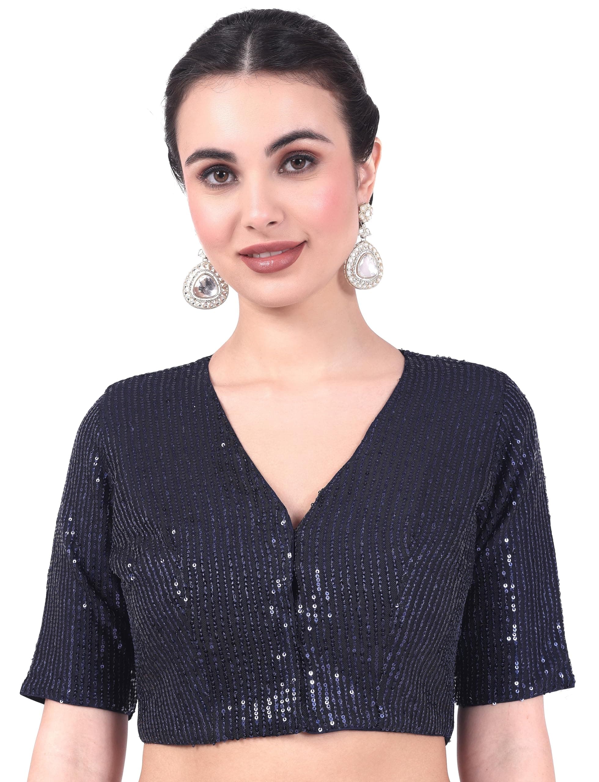 Studio Shringaar Cotton Women's V Neck Sequin Readymade Saree With Elbow Length Sleeves Blouse