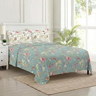 Trance Home Linen 100% Cotton King Size Bedsheet |1 Cotton Bed Sheet Double Bed (108x108 Inches) with 2 Pillow Covers | 200 TC Bed Sheet Double Bed (9x9 Feet | Calicut Green White)