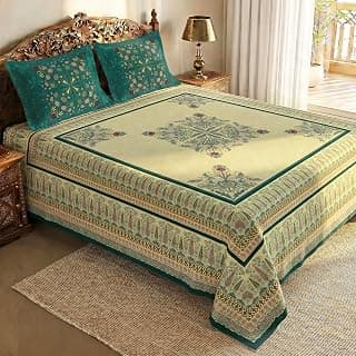Story@Home Rajasthani Theme Jaipuri Handblock Inspired Ethnic Print Double Bedsheet 250x225 cm with Pillow Covers | Cotton Feel 240 TC Soft Fabric | Yellow Green Design