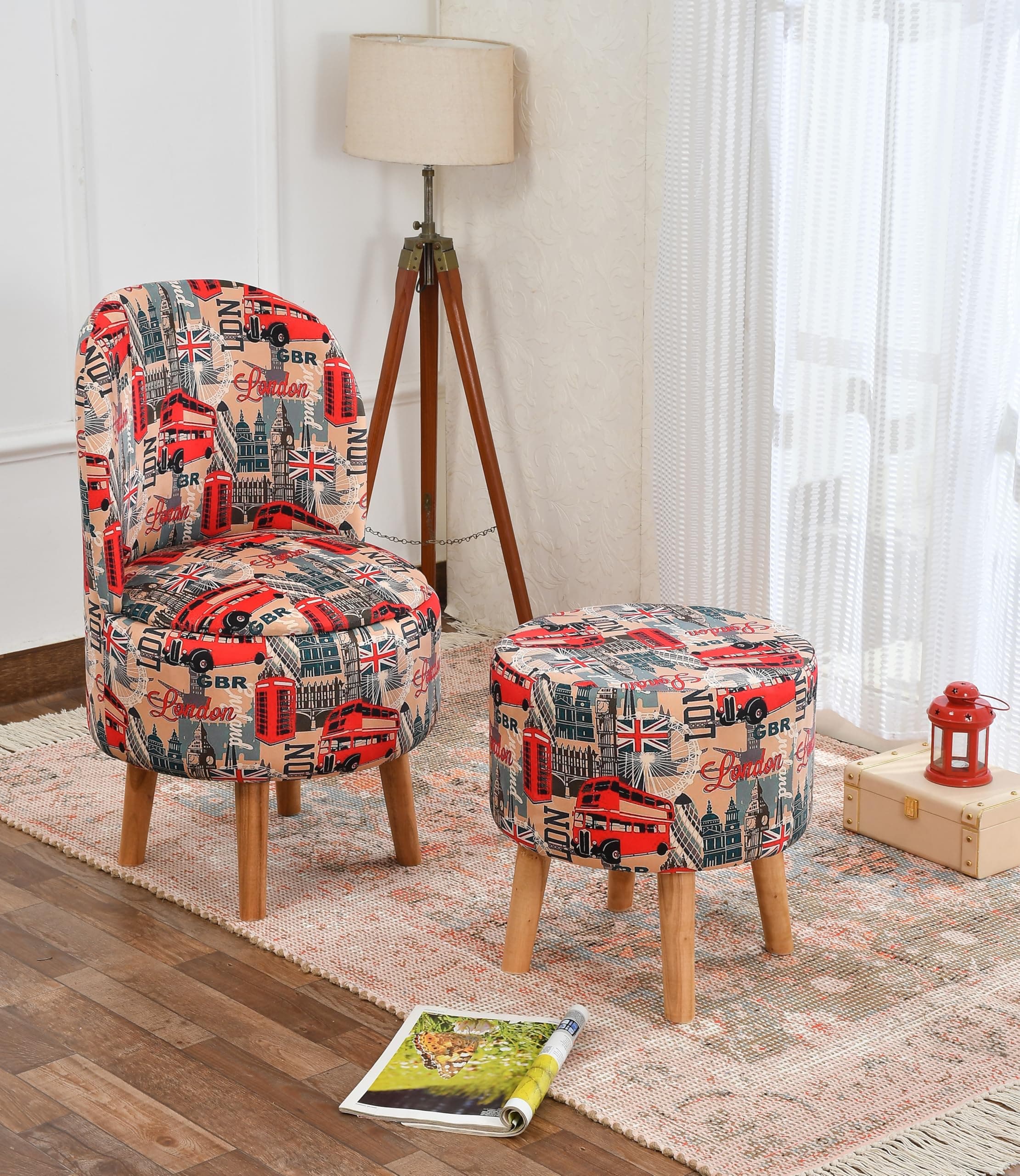 NACIA Velvet Printed Ottoman Chair with Stool Combo | Dressing Table Chair for Bedroom Makeup Room Decor | Modern Upholstered Ottoman with Wooden Legs for Living Room & Home (18x18x32 Inches, London)