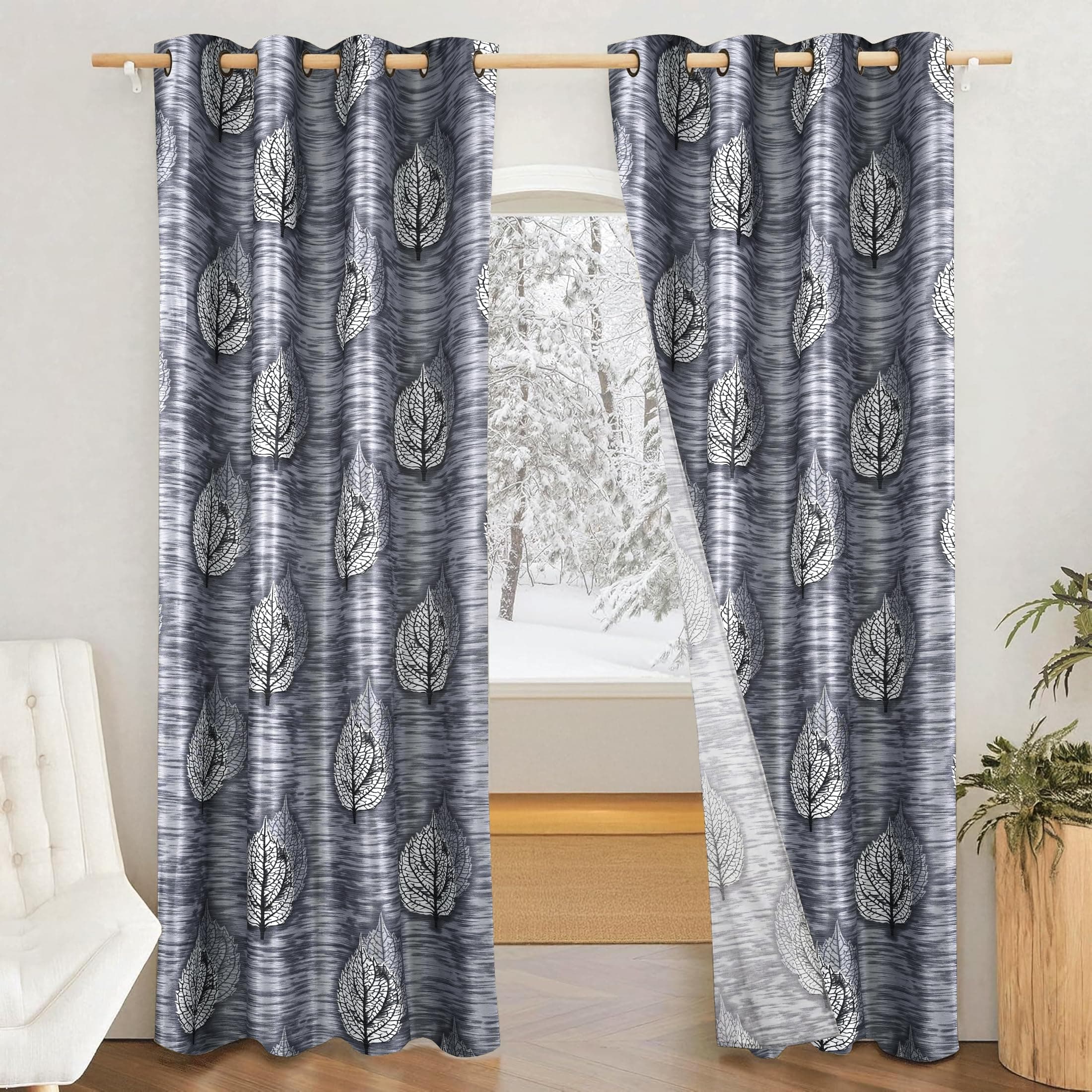 Amazon Brand - Solimo Polyester 75% Blackout Leaf Print Door Curtains|Blackout Door Curtains|7 Feet|Set of 2|Leaf Print Design |for Living Room Kids Room and Bedroom |Grey|Light-Filtering