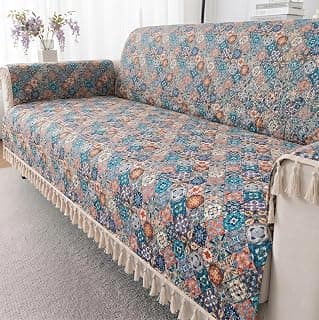 Story@Home Quilted Printed Velvet Sofa Cover with Tassels for 3 Seater |Full Protection for Sofa Seat, Back & Arms | Anti Slip 3 Seater Sofa Mat with 2 Armrest Cover - Multi Color